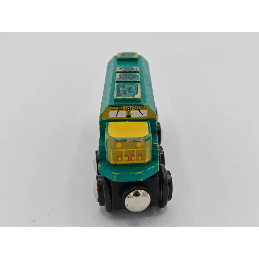 Vintage Style Wooden Diesel‎ Locomotive Train Engine 1208 Teal Yellow Magnetic